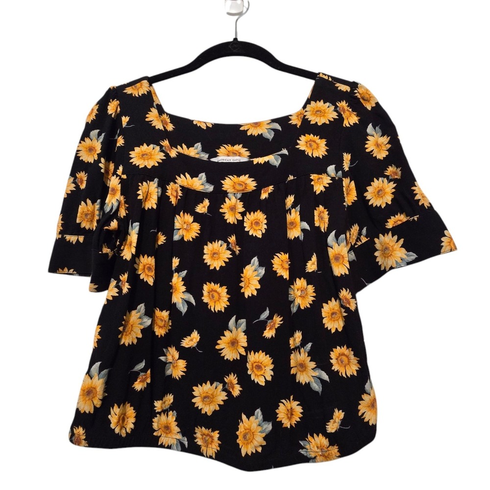 American Eagle Sunflower Crop Top S Dark Floral Puff Sleeve Cottage Boho Peasant